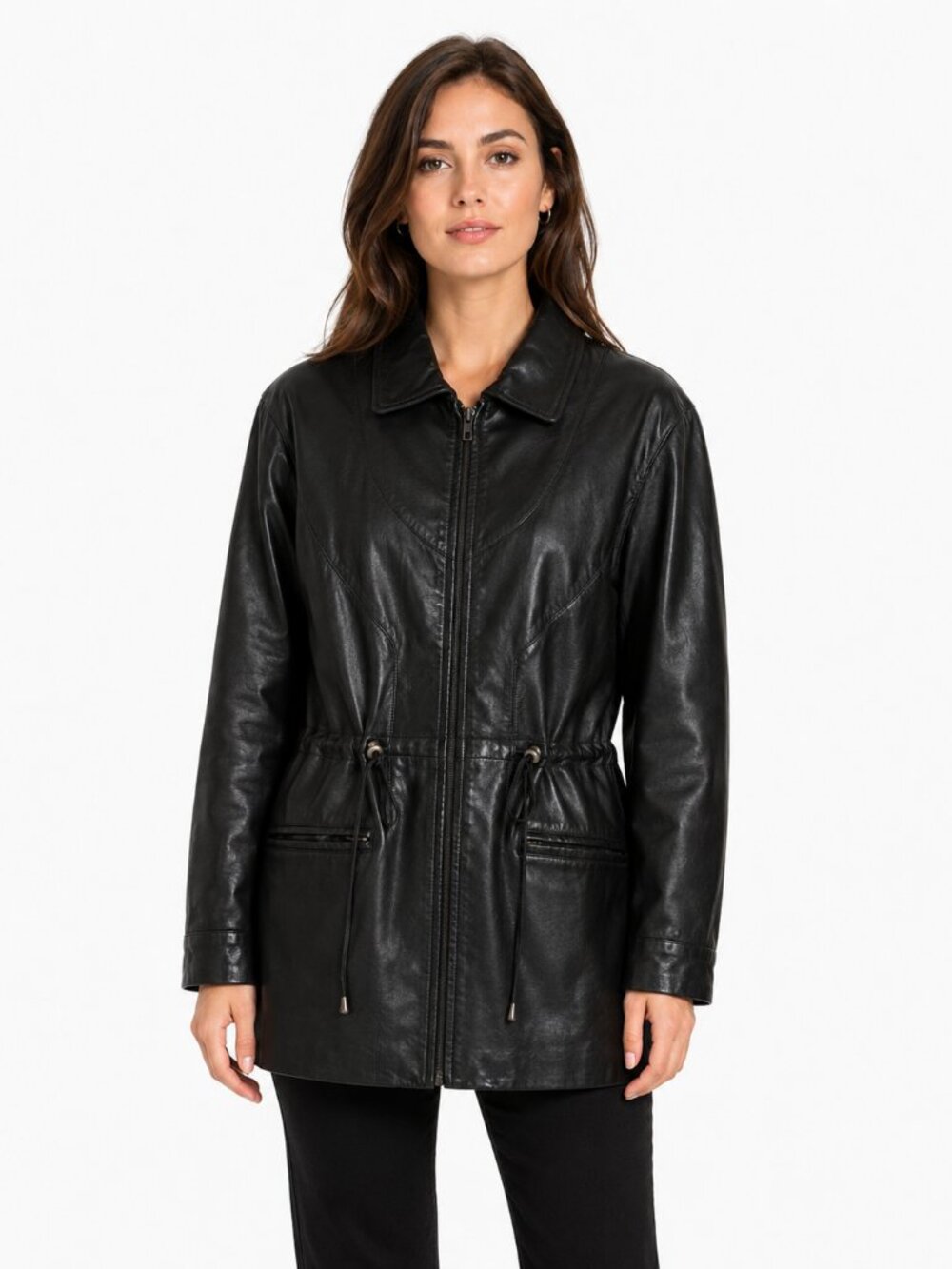Vintage Sequence Black Leather Drawstring Parka Jacket